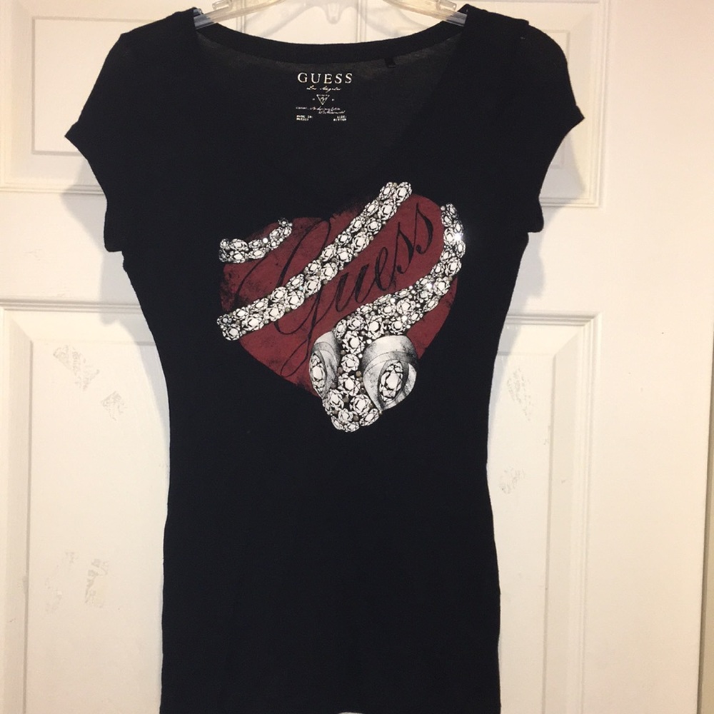 Guess Rhinestone Embellished Graphic Vneck Shirt - Picture 1 of 3